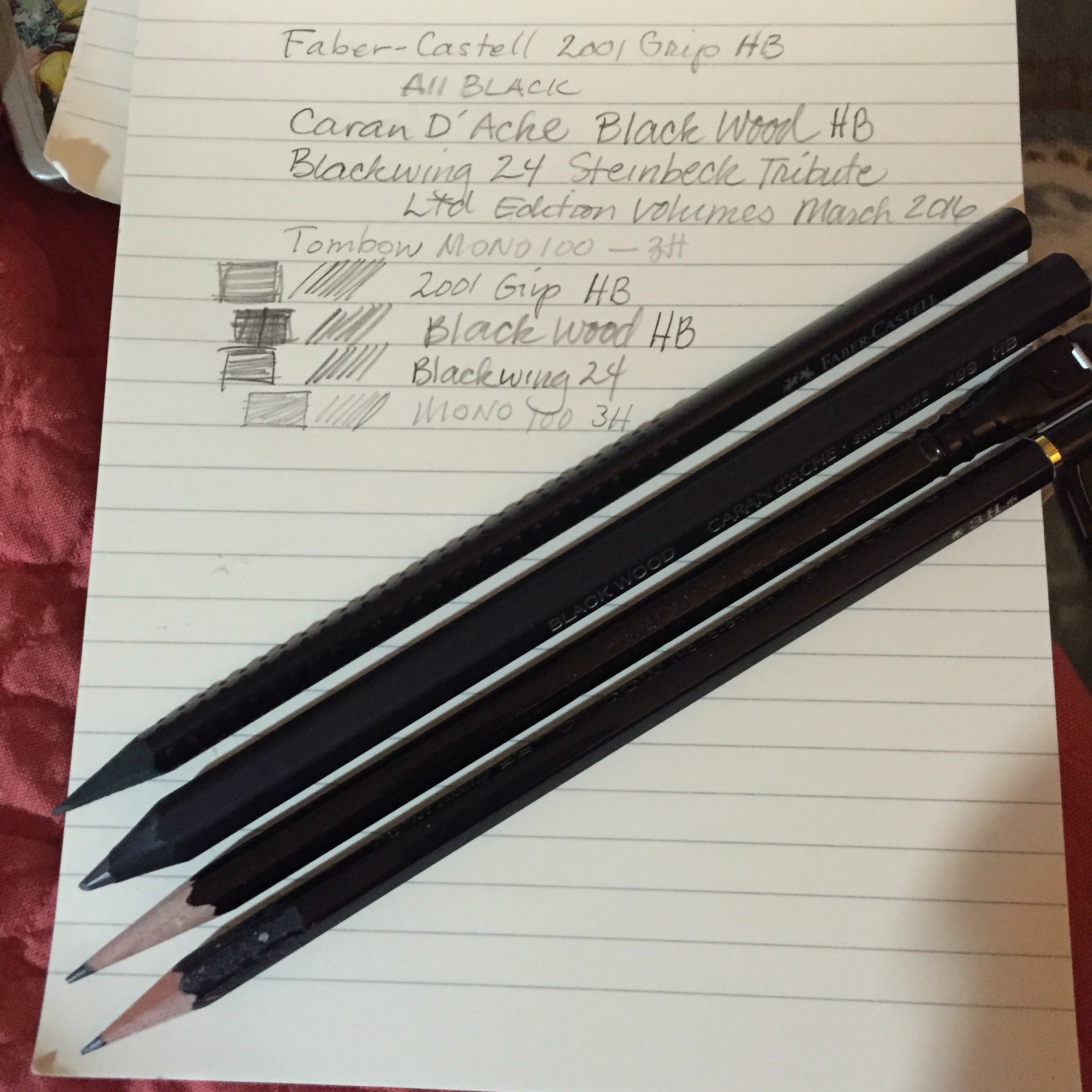 4 black pencils and example of how they perform